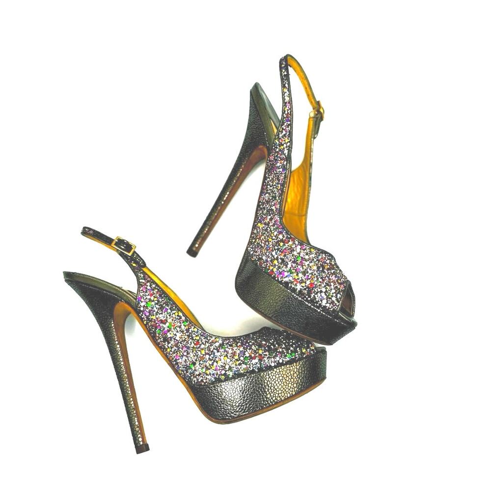 Jimmy Choo CLUE Multicolor Glitter Slingback Platform Peep Toe Pumps EU 39.5
